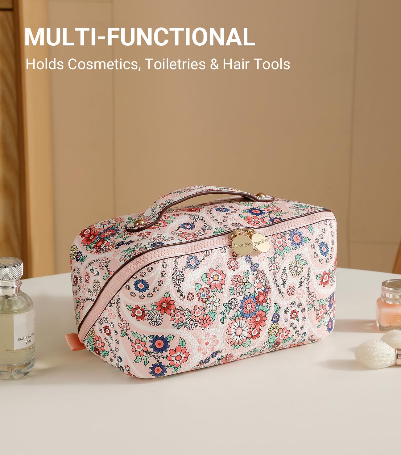 Aveniee Travel Makeup Bag for Women, Large Cosmetic Organizer with Open-Flat Design, Clear Divider & Handle - Waterproof PU Leather Toiletry Case (Floral Pattern)