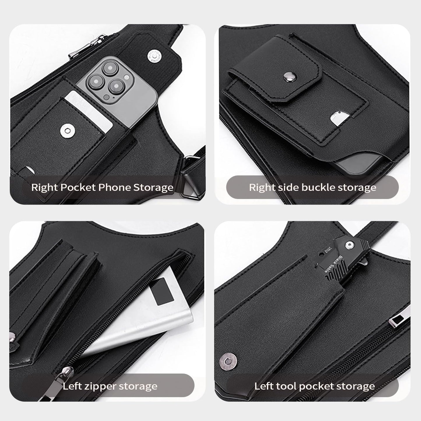 BELLPO Double Shoulder Armpit Bag for Men, Leather Shoulder Bag - Anti-Theft Underarm Wallet & Phone Pouch with Adjustable Strap, Hidden Chest Bag for Travel & Outdoor (Black)
