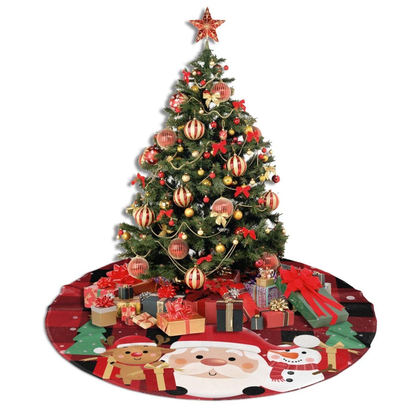 Buffalo Plaid Santa Claus Deer Snowman Christmas Tree Skirt 48" Xmas Tree Mat for Christmas Decorations Holiday Ornaments