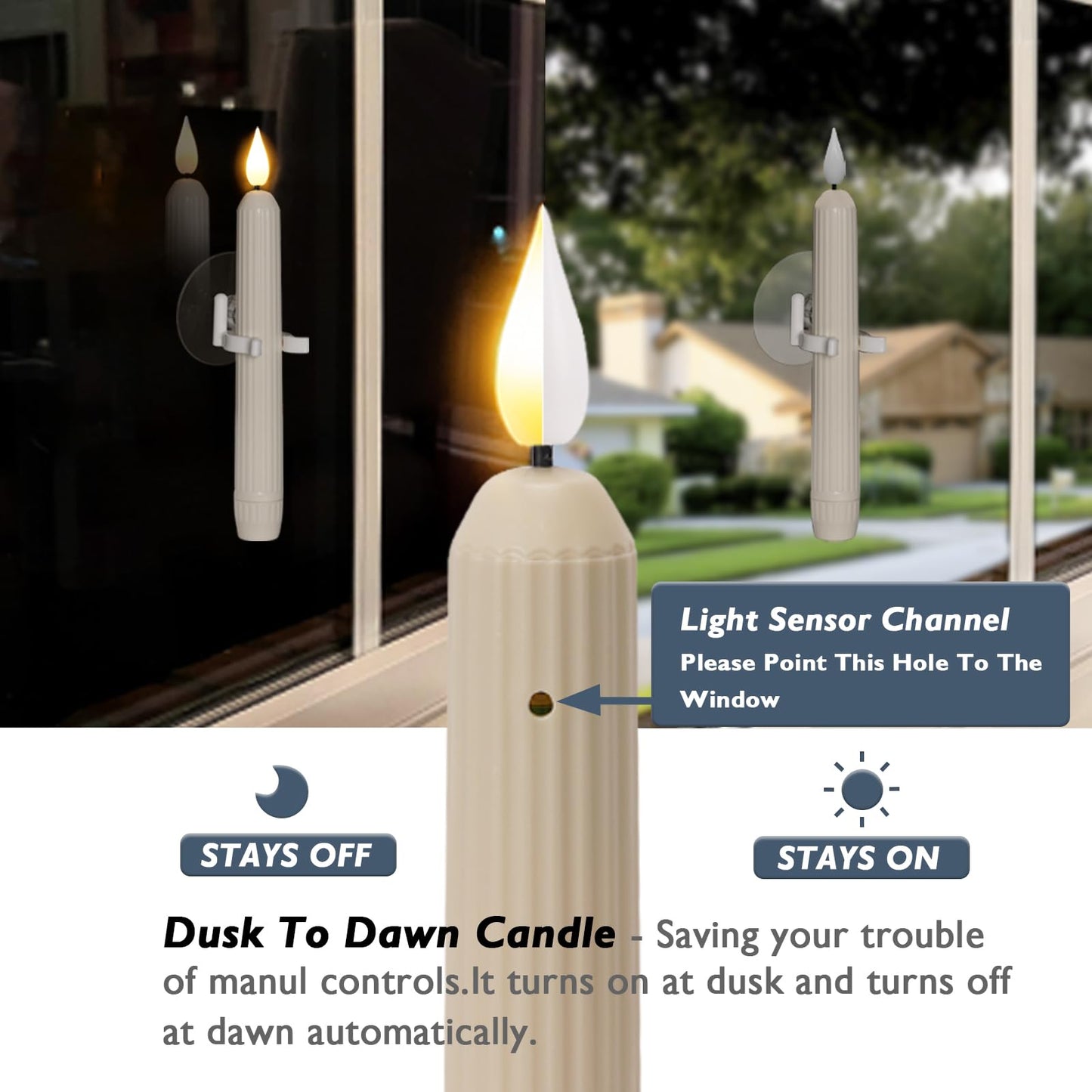 Homemory 6 Pcs Window Candles with Sensor Dusk to Dawn, Ivory Striped Candlesticks with Suction Cups, Roman Column Christmas Window Candle Battery Operated, Flameless Led Taper Candles for Windows