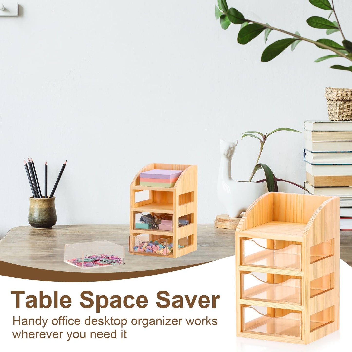 3 Drawer Desktop Accessory Storage Drawers Clear Desktop Organizer with Drawers Small Desk Organizer with Drawer Paper Clip and Binder Holder Wood Acrylic Sticky Note Holder 4.53"L x 4.1"W x 7.7"H