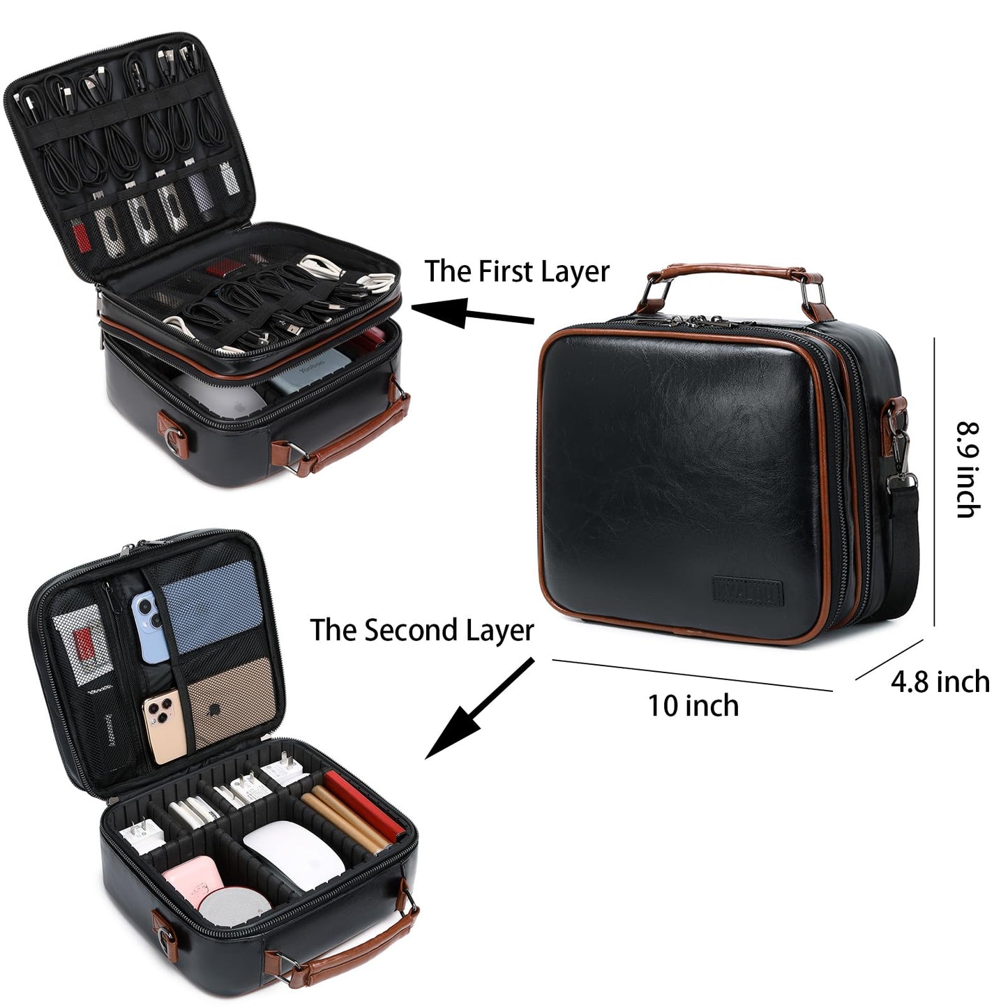 KYALOU Electronics Travel Organizer, Large Electronic Accessories Cable Case with Adjustable Dividers, Waterproof Tech Storage Bag Gifts with Double Layers for Cord, Charger, Power Bank - Black