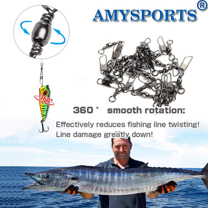 AMYSPORTS Stainless Steel Snap Swivel Saltwater High Strength Snaps Fishing Barrel Line Connector Fishing Swivels Barrel Safety Snap Fishing Tackle Stainless Steel Accessories 50pcs 19lbs