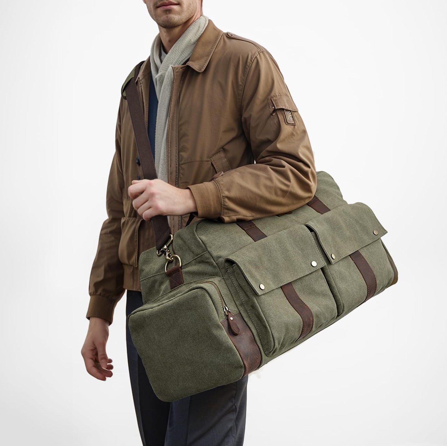S-ZONE Large Canvas Travel Duffel Bag Weekend Overnight Bag Carry on Leather Trim Holdall Gym Bag with Multi-Pockets for Men and Women, Army Green