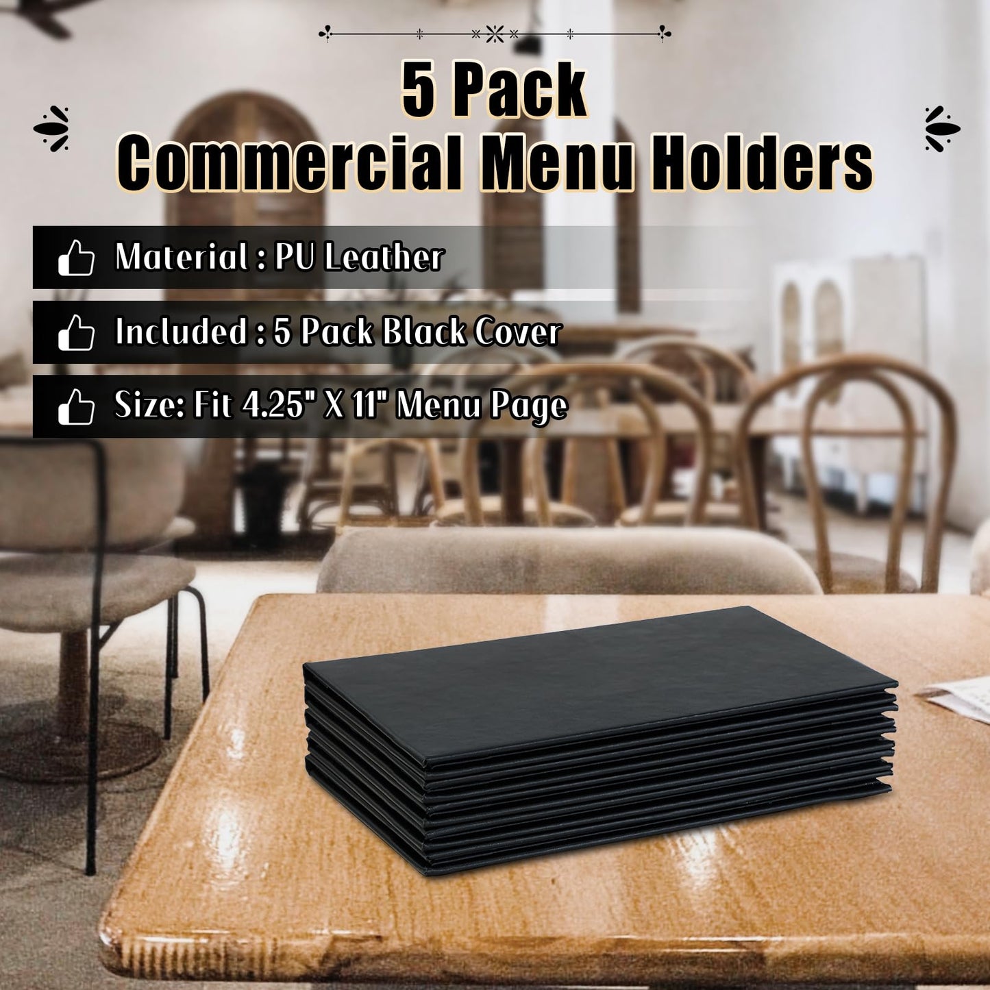 FLKQC Menu Covers 4.25" x 11" – 5 Pack 2 View Black PU Leather Restaurant Menu Holders, Double Panel with Angled Corners for Food Menus, Wine Lists & Drink Specials & Cocktail, Perfect for Parties