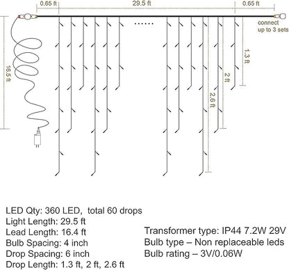 Dazzle Bright 360 LED Christmas Icicle Lights, 29.5 FT 8 Modes Curtain Fairy Lights with 60 Drops, Connectable Xmas String Lights for Outside Holiday Wedding Party Decorations (White)