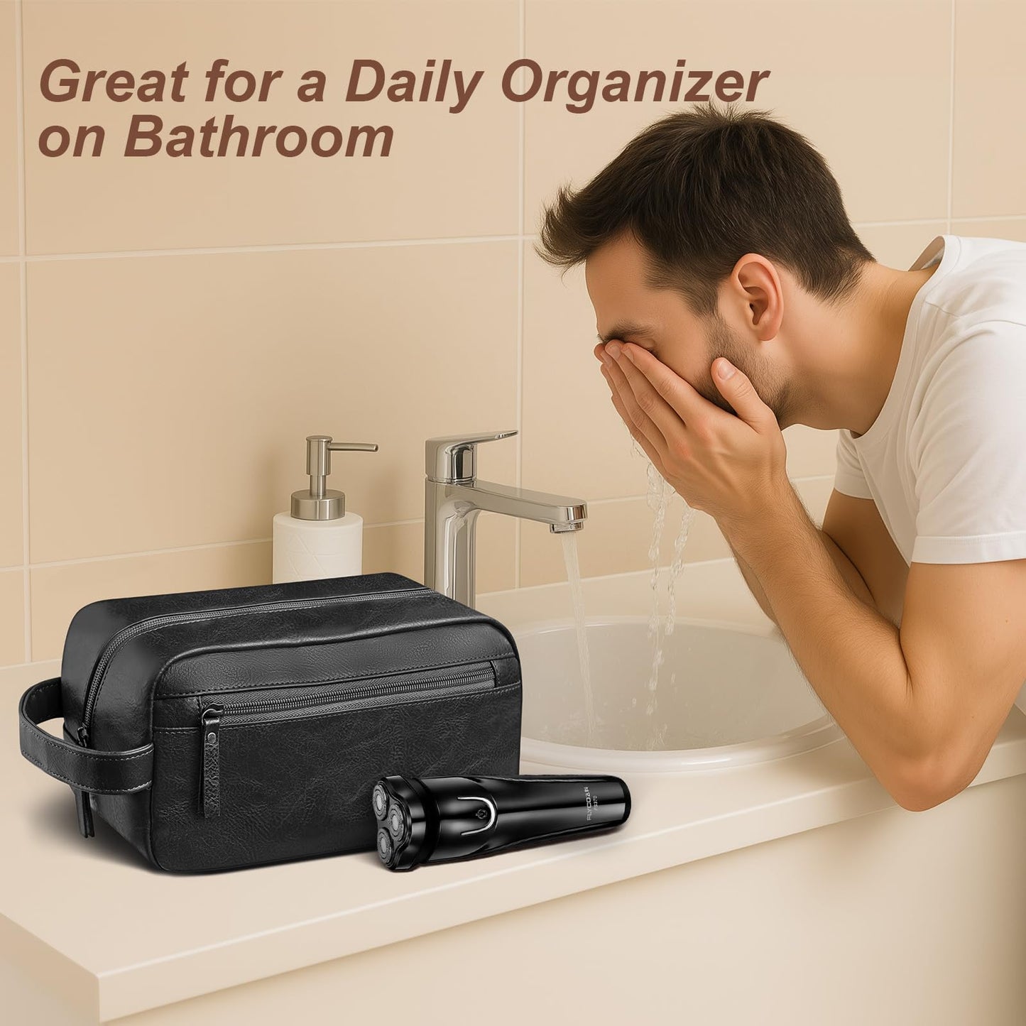 Ezday Travel Toiletry Bag for Men and Women, Travel Shaving Dopp Kit Water-resistant Bathroom Toiletries Organizer PU Leather Cosmetic Bags (Black)
