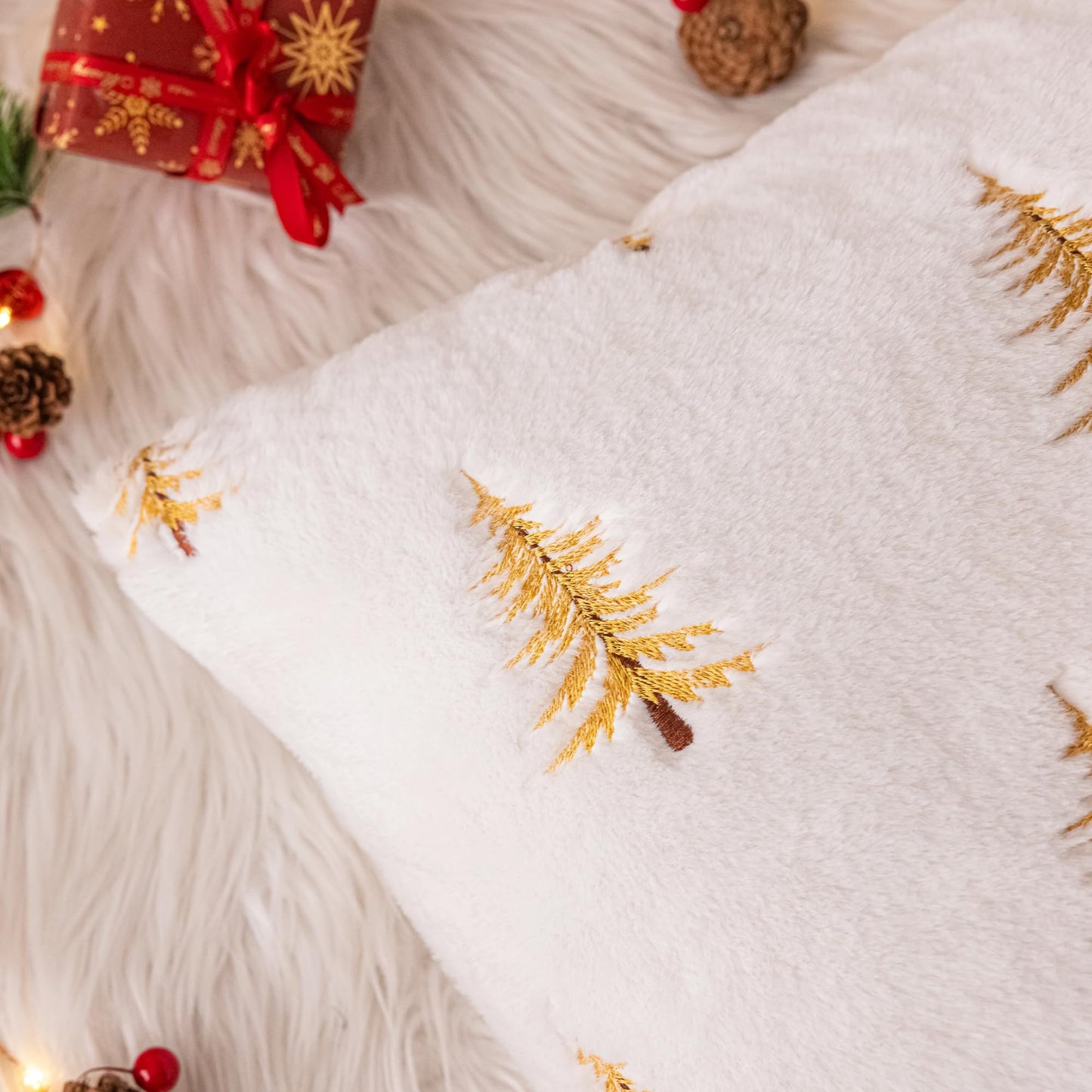 AQOTHES Christmas Tree Gold Throw Pillow Covers 18x18, Soft Faux Fur Embroidered Throw Pillows for Couch Sofa Cushion Covers Holiday Home Decor