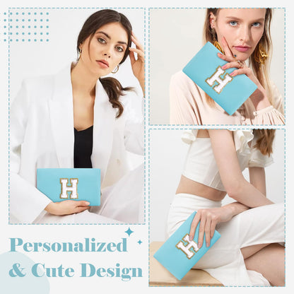 Small Personalized Initial A-Z Preppy Patch Makeup Bag,PU Chenille Letter Travel Cosmetic Pouch with Zipper,Blue Cute Toiletry Bag,Gift Ideal for Teen Girls Women Teacher Bridesmaid,Letter H
