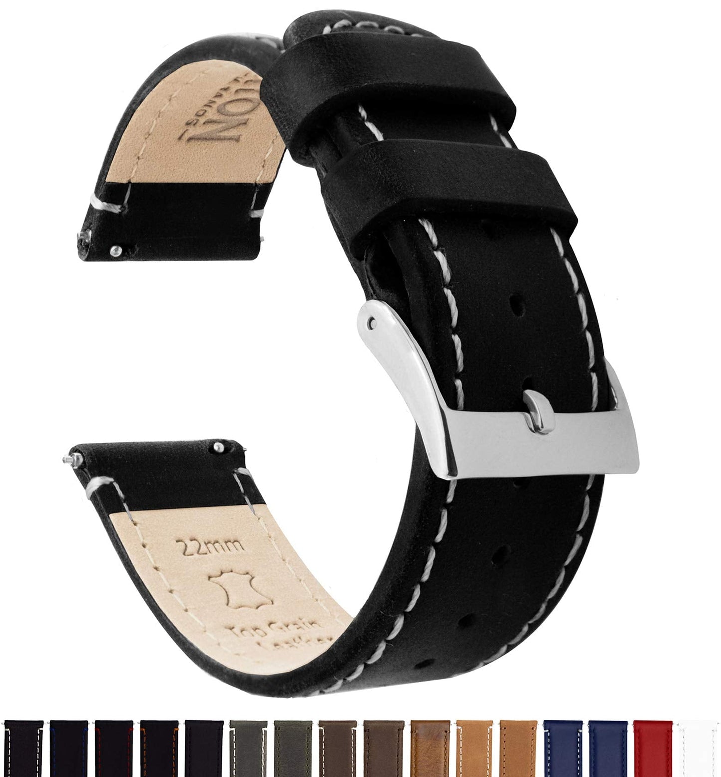 BARTON WATCH BANDS Quick Release Top Grain Leather Watch Band Strap, Black Leather/Linen White Stitching, 18mm