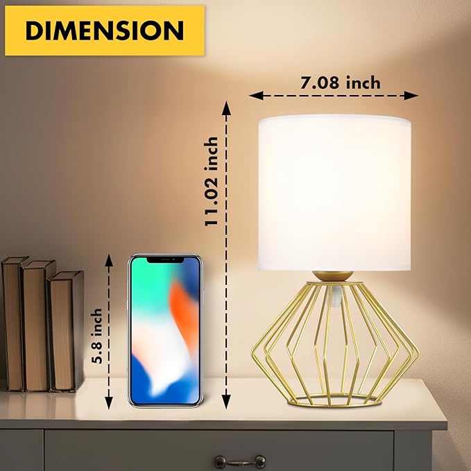 Hamilyeah Table Lamps Set of 2, Modern Bedside Lamps with White Fabric Shade, Industrial Night Stand Lamps with On/Off Switch, Gold Simple Lamp for Bedroom, Living Room
