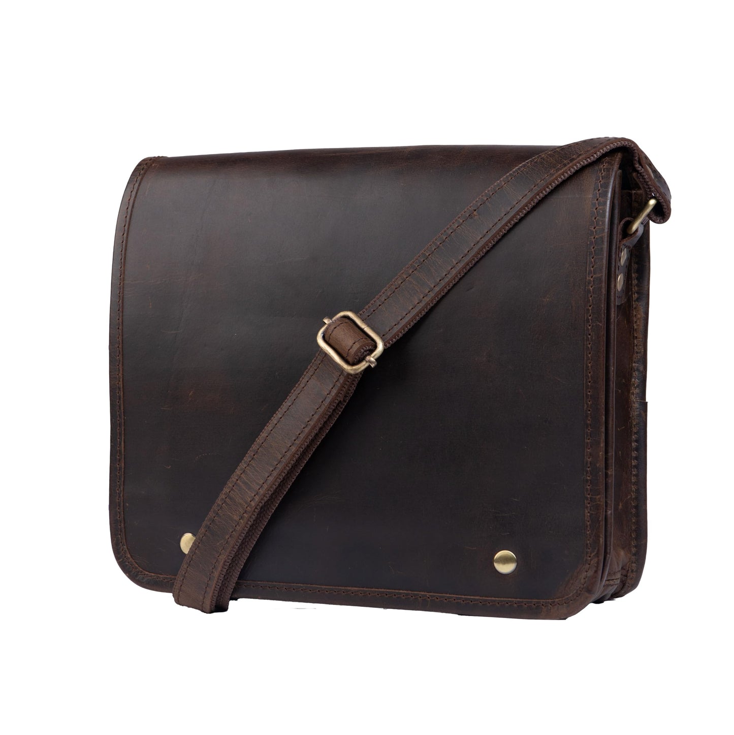 Satchel And Fable Leather cross body Shoulder I pad Messenger full flap Bag 11 Inch (Dark Brown, 11 inch)