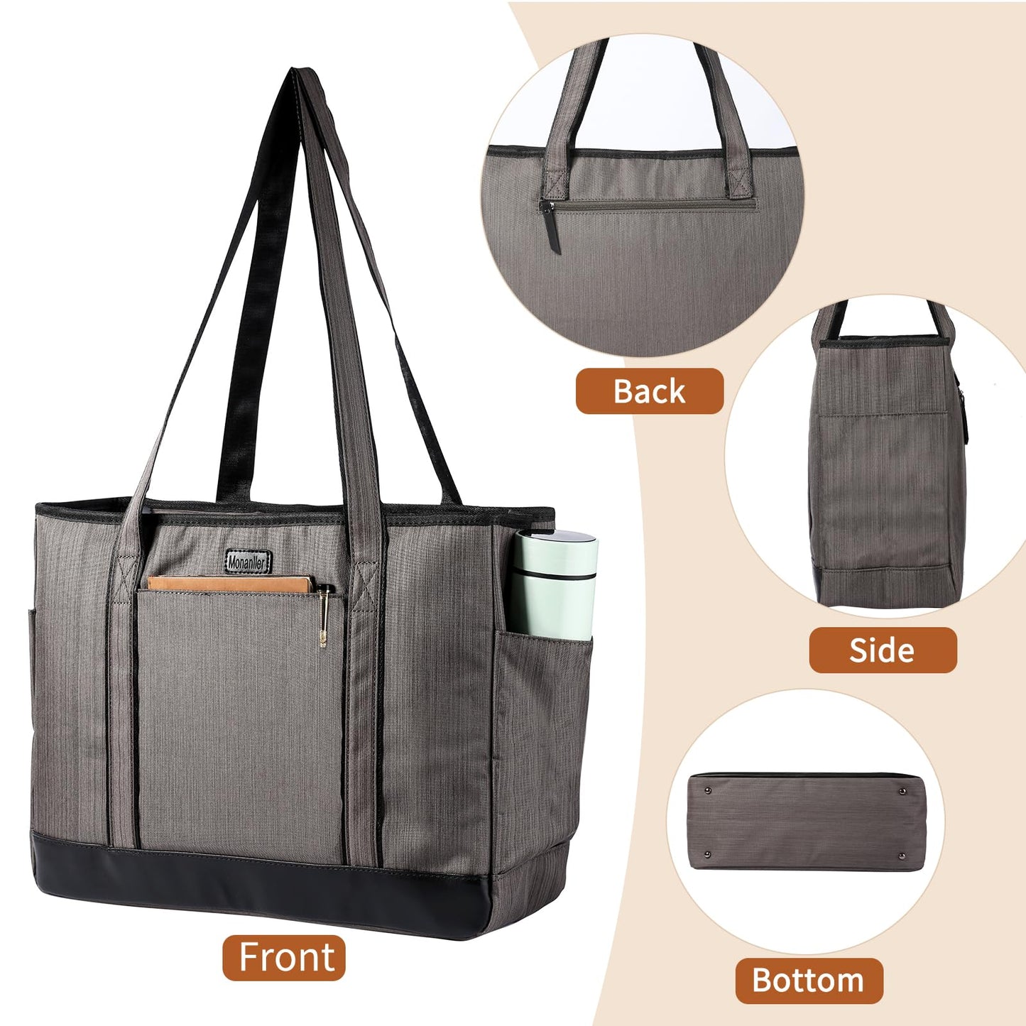 Monanller Fashion Teacher Tote Bag, Large Utility Work Bag with Laptop Compartment for Women & Men, Carry Bag with Several Inner & Outer Pockets-Grey