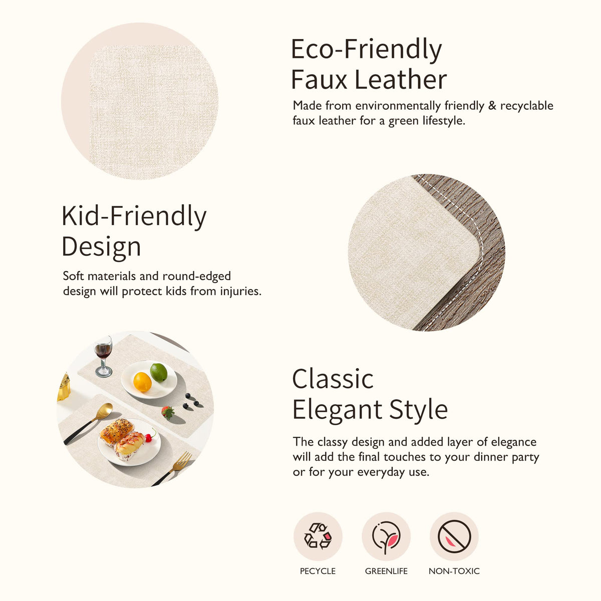 Maxpearl Faux Leather Placemats Set of 6 - Waterproof - Wipe Clean - Heat Resistant - Anti Slip Dining Table Place Mats, Suitable for Indoor & Outdoor Use, 17’’×12’’, Beige