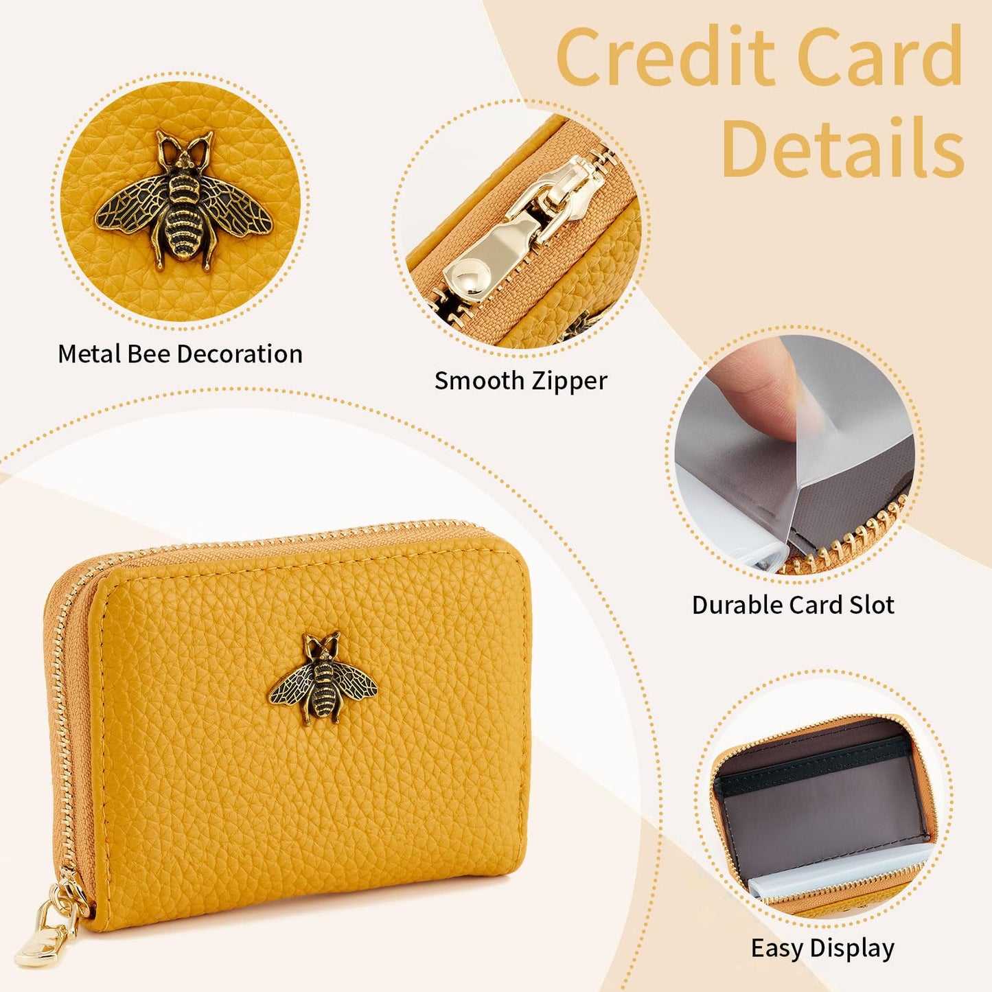 WOZEAH Leather Credit Card Holder for Women Wallet RFID Blocking Zipper Wallet Card Case Business（Yellow）