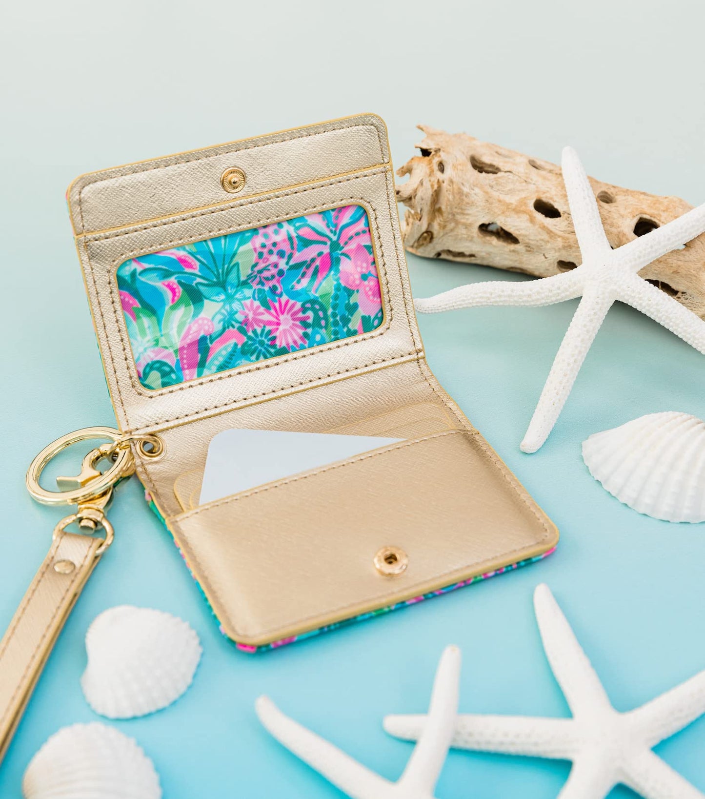 Lilly Pulitzer Snap ID Card Case, Cute Blue Keychain Wallet, Slim Credit Card Holder with Wristlet Strap, Golden Hour