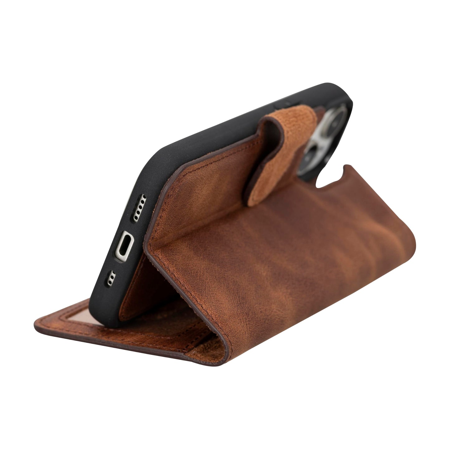 HARDISTON Genuine Leather Handmade Wallet Case Compatible with iPhone 15 - MagSafe Compatible - Detachable Strong Magnetic Flip Cover with Card Holders - Horizontal Kickstand (Brown)