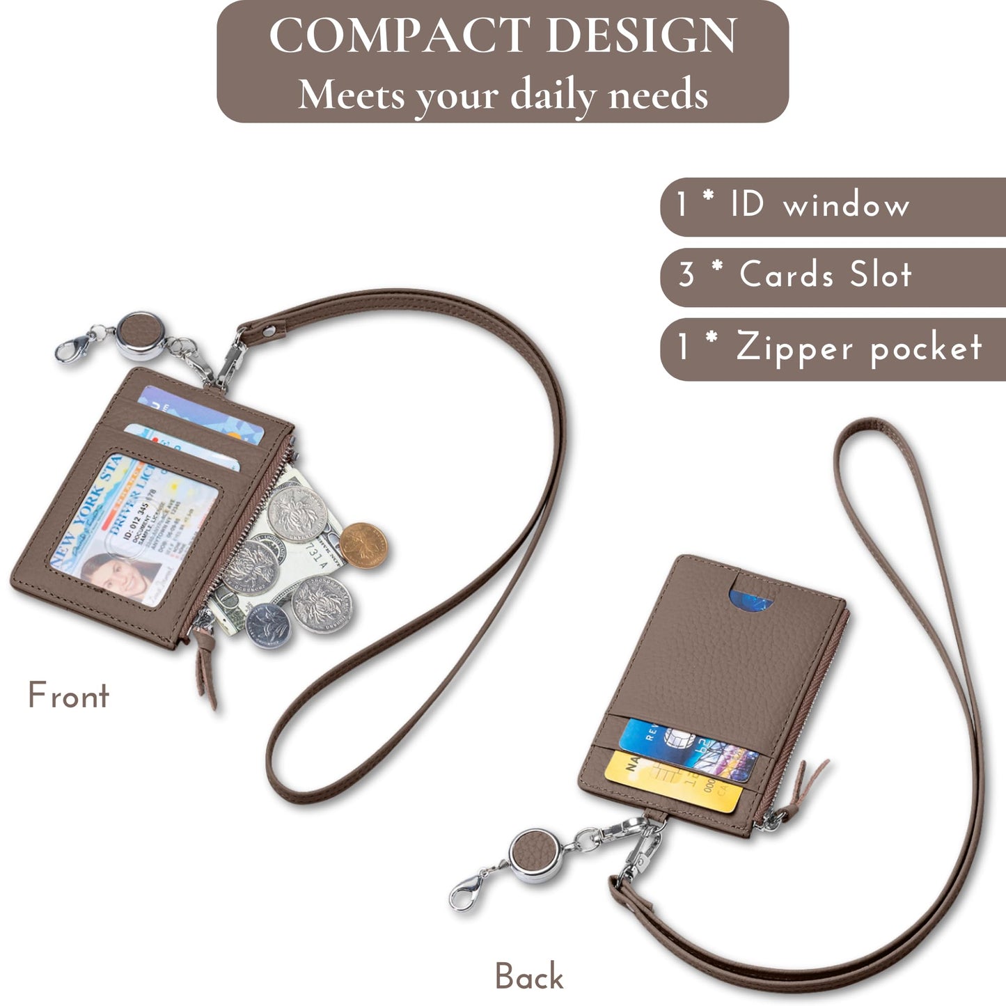 2-in-1 Leather ID Badge Holder with Wallet for Work, Multifunction ID Case with Credit Card Slots & Cash Coin Pocket, Slim Wallet with Lanyard for Women Men Nurse Teacher (Dark Hkaki)