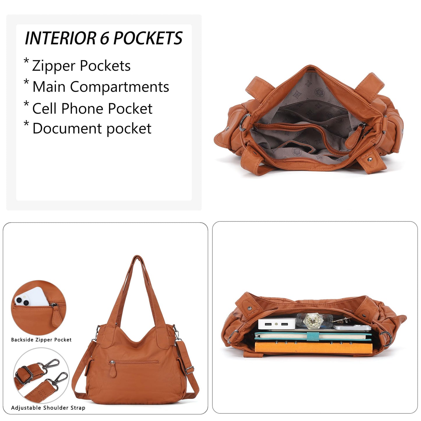 Angelkiss Women's Designer Handbag Large Double Zipper Multi Pocket Washed, Brown