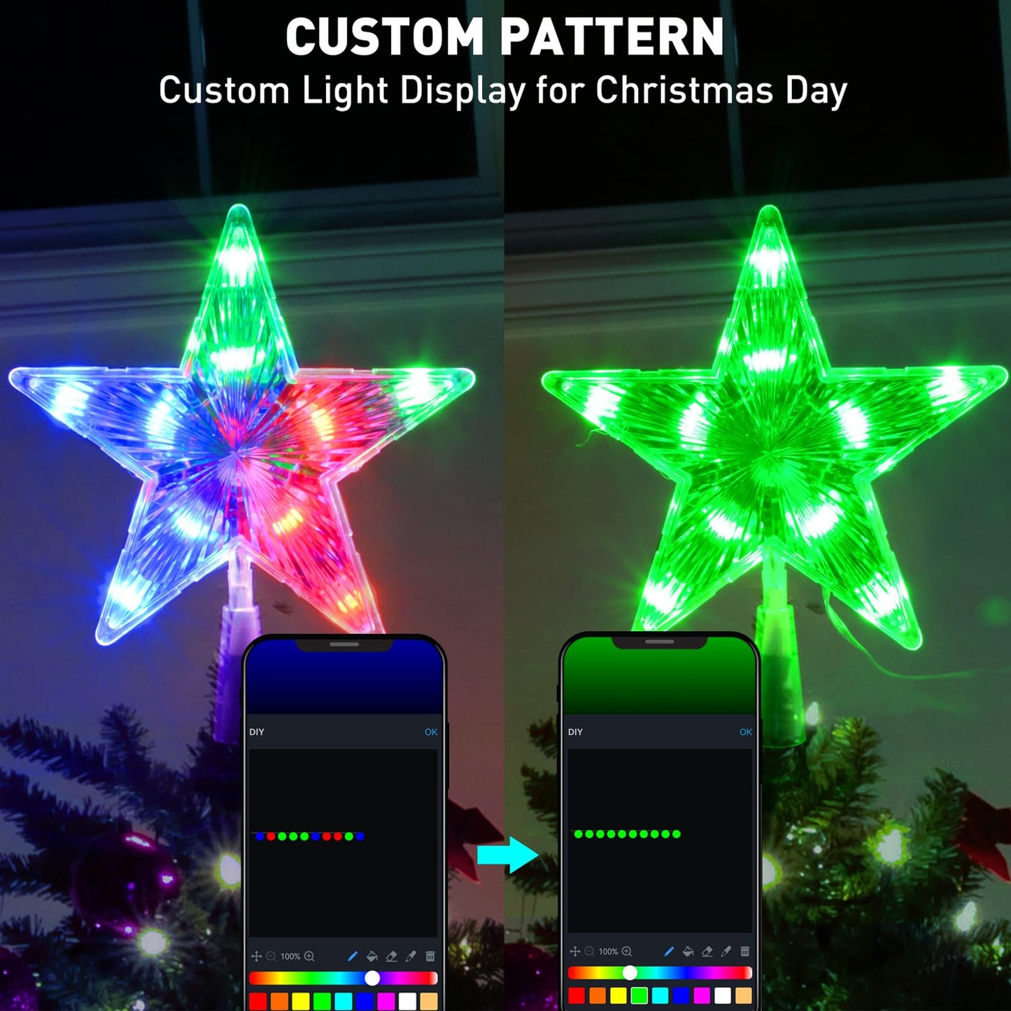 7.6" Christmas Tree Topper Star, RGB LED Lighted Star Tree Top w/Remote Control&APP, Scene Mode, DIY, Dimmable, Timer, Multicolour Lighted Treetop for Xmas Trees Holiday Party Gift Decorations