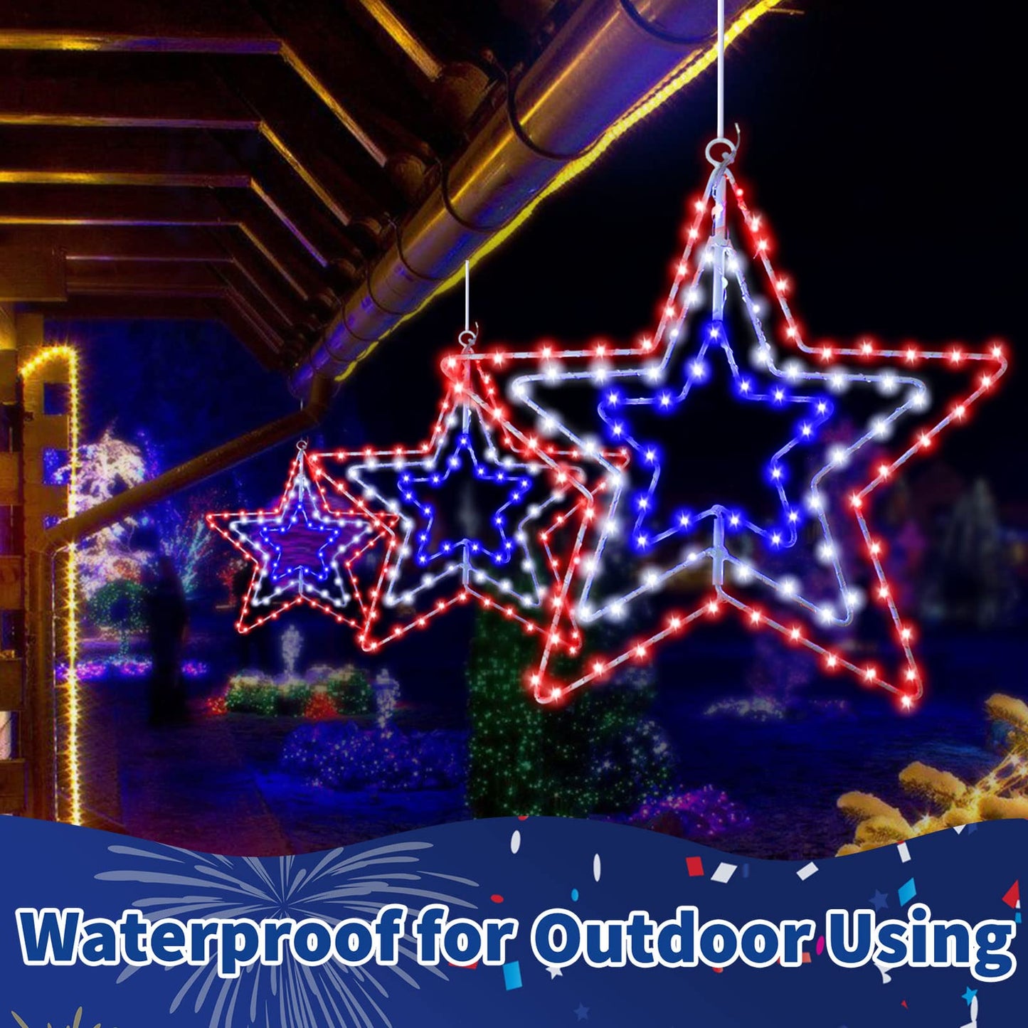 DANLI 4th of July Lights 14.2'' 110 LED Red White Blue Rotatable Iron Frame 3 in 1 Star Lights,8 Modes USB Window Silhouette Lights for Indoor Outdoor Decor(2 Packs)