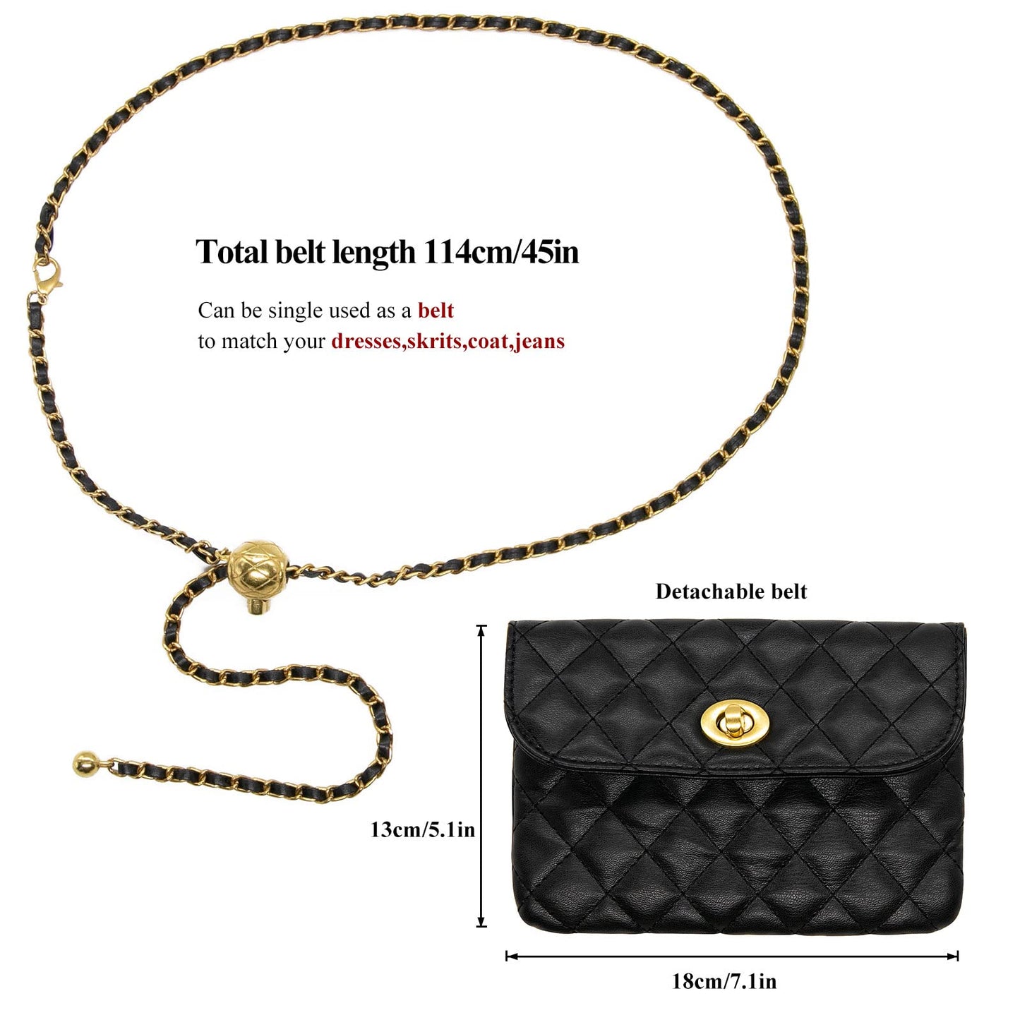 YAMEIZE PU Leather Chain Belt Bag for Women - Crossbody Waist Bag Fanny Pack Detachable Belt Chain Women Evening Mini Handbag