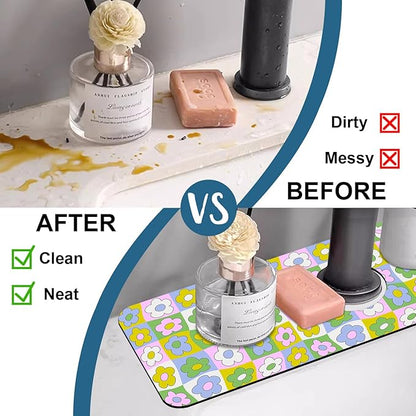 Cute Flowers Kitchen Sink Splash Guard Faucet Mat Retro Floral Super Absorbent