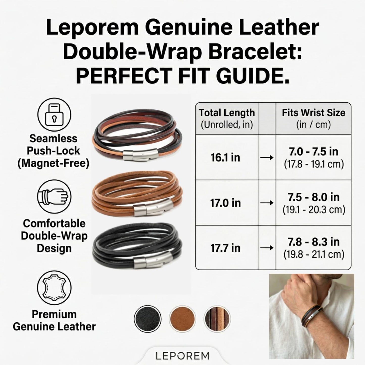 Leporem Unisex Genuine Cowhide Leather Wrap Bracelet Choker Minimalist Push-Lock Clasp Premium Surgical Steel Wristband 17.7 Inch Mixed Gift Box (Mixed, 17.7 Inches)