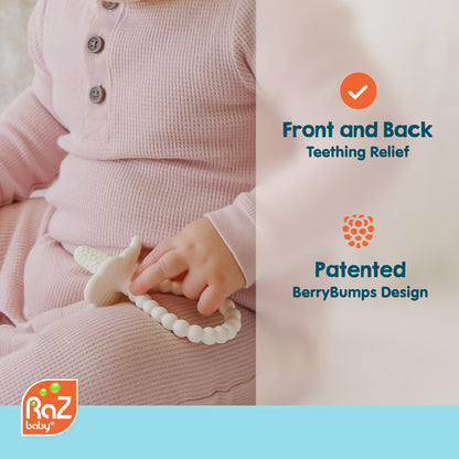 RaZbaby RaZberry Plus Baby Teether – Easy-to-Hold Toy for Front & Back Teething Relief, BerryBumps Texture for Sensory Development, Soothes Sore Gums, BPA-Free, Great Gift for Babies 3M+ – Grey