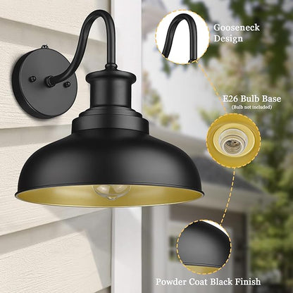 Dusk to Dawn Outdoor Gooseneck Barn Lights Outdoor Wall Sconces Farmhouse Exterior Wall Mount Light Vintage Outside Lighting Fixture Industrial Black Lanterns for Porch Garage Shed Patio, 4 Pack
