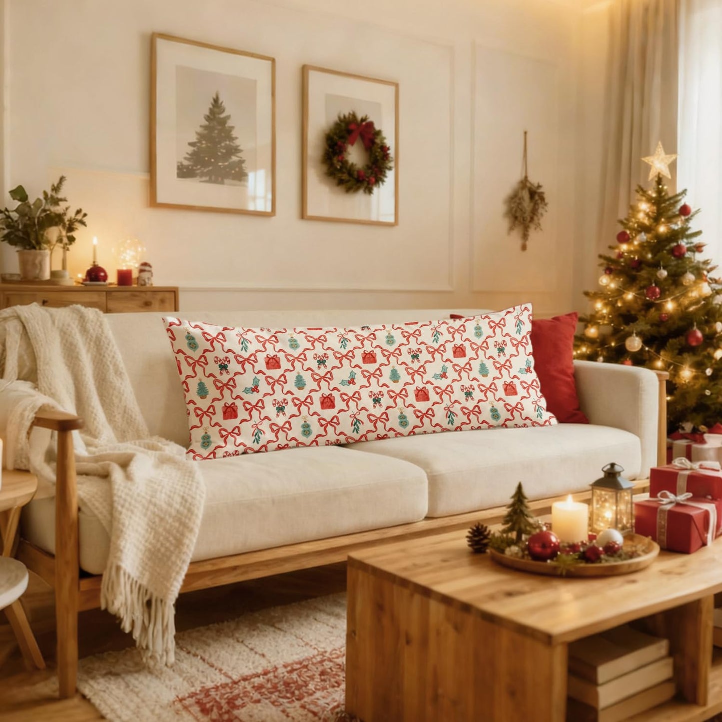 PIUD Coquette Red Bow Christmas 20x54 Body Pillow Cover, Preppy Christmas Decor, Red and Green Xmas Candy Cane Holly Berries Decorative Long Body Pillow Cases for Bed Couch
