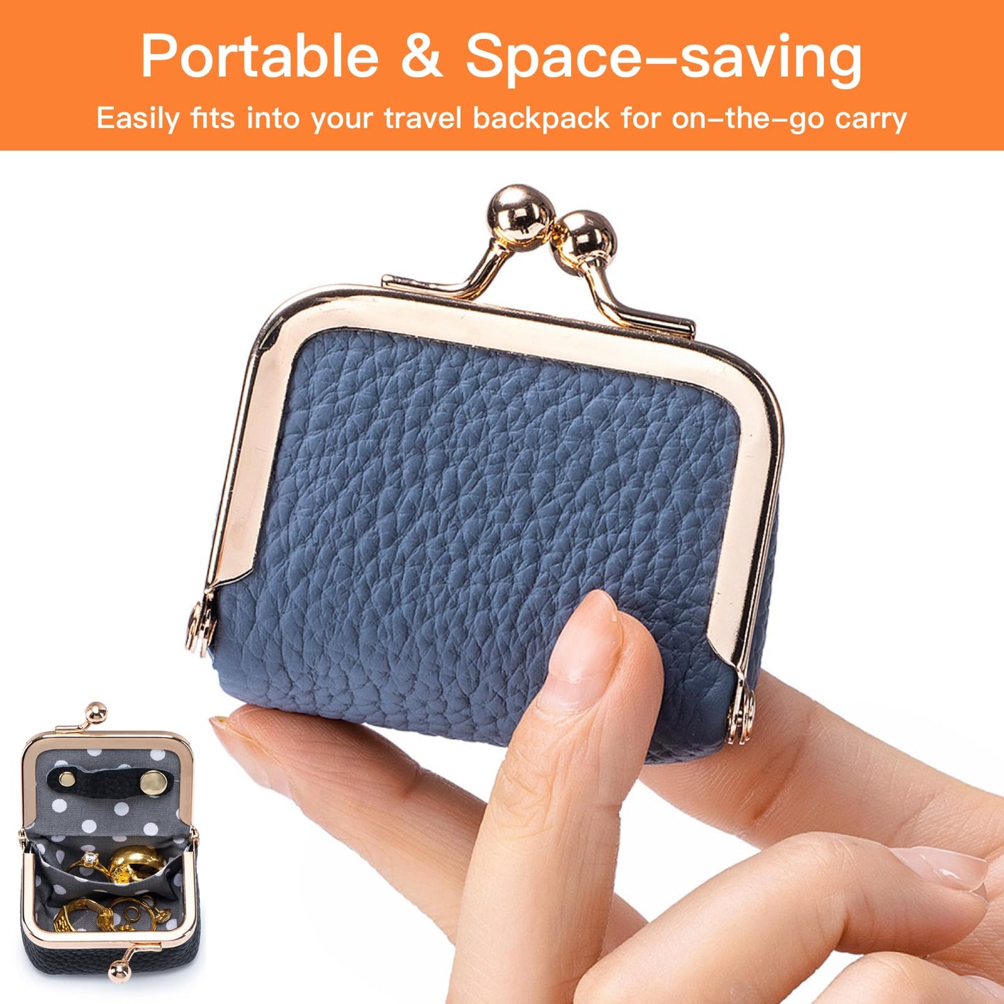 Small Travel Jewelry Box, Genuine Leather Mini Kiss-Lock Coin Purse Organizer, Portable Jewelry Storage for Women (Pink, S)