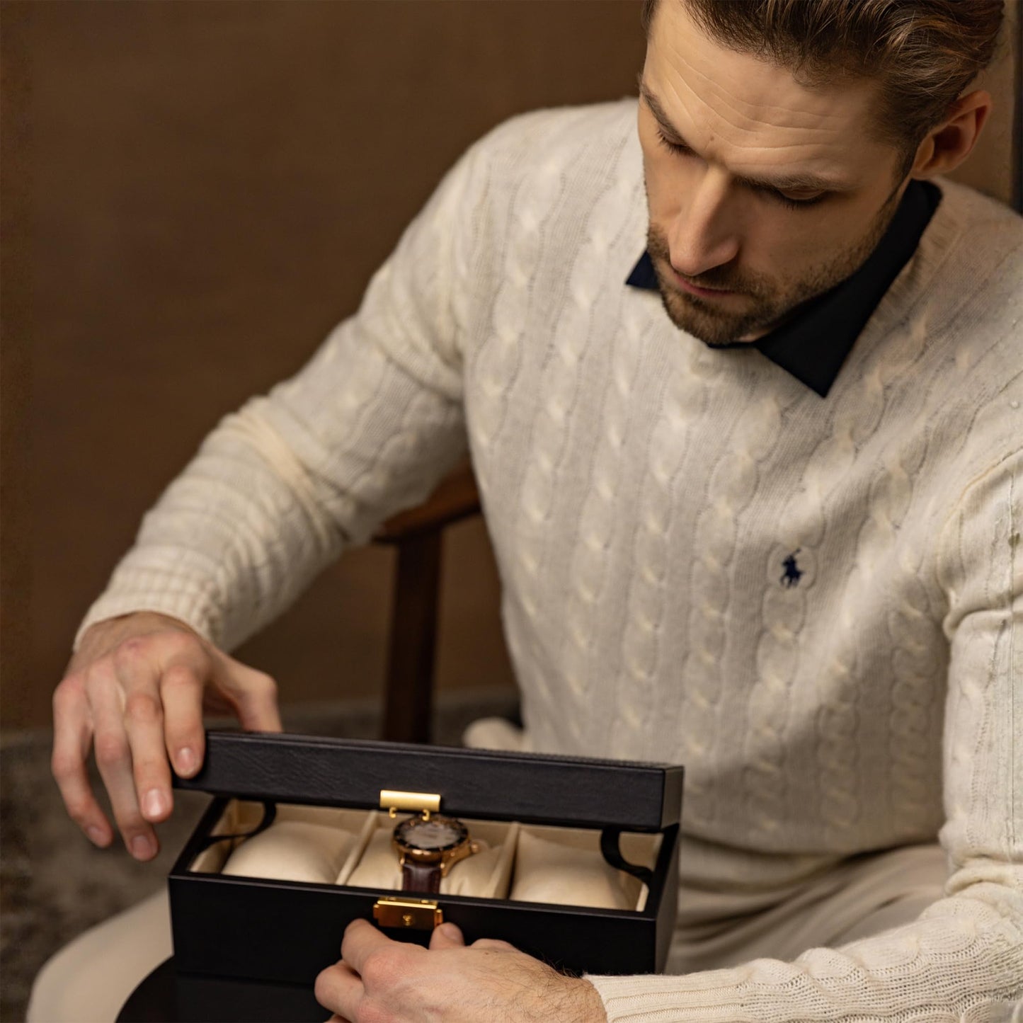 Time Resistance Leather Watch Box – 3-Slot Luxury Organizer for Men & Women – Italian Leather Watch Display Case (Black)