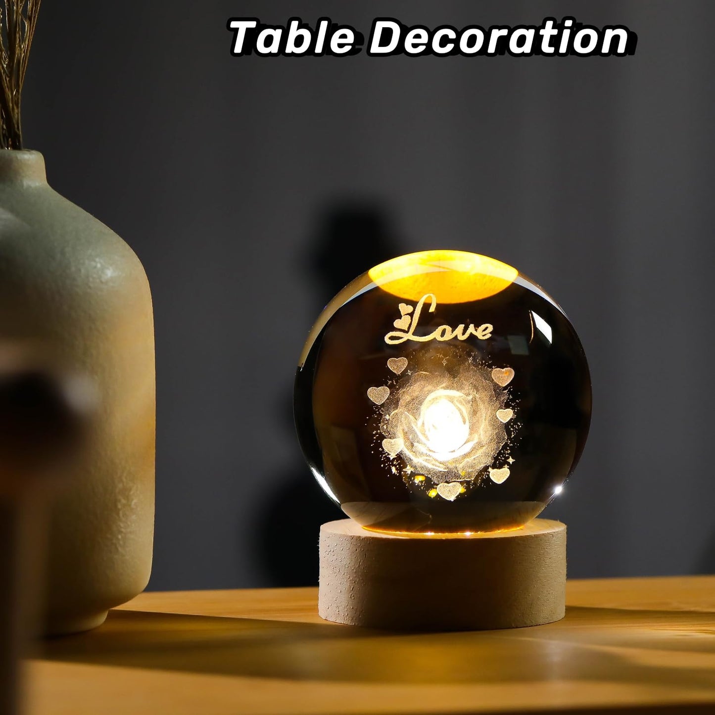 Arikyrist 3D Rose Crystal Ball Gift for Girlfriend, Laser Engraved Rose Flower Glass Sphere Home Decor, Crystal Ball Night Light with Wooden Light Base