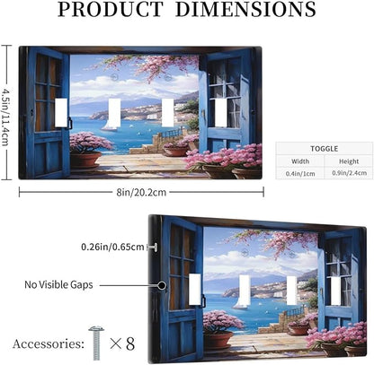 Decorative Art Light Switch Covers Seaside Window View Quad Toggle 4 Gang Wall Plate Switch plate Electrical Faceplate for Home Decor