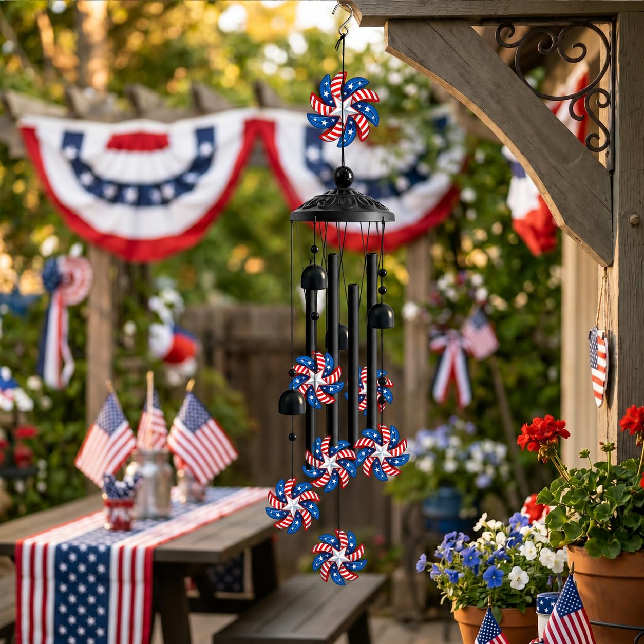 Patriotic Wind Chimes for Outside, Red White Blue American Flag Wind Chime with Stars and Bells, Outdoor Wind Chimes for Garden Decor, Porch Patio Yard Balcony Home Decor