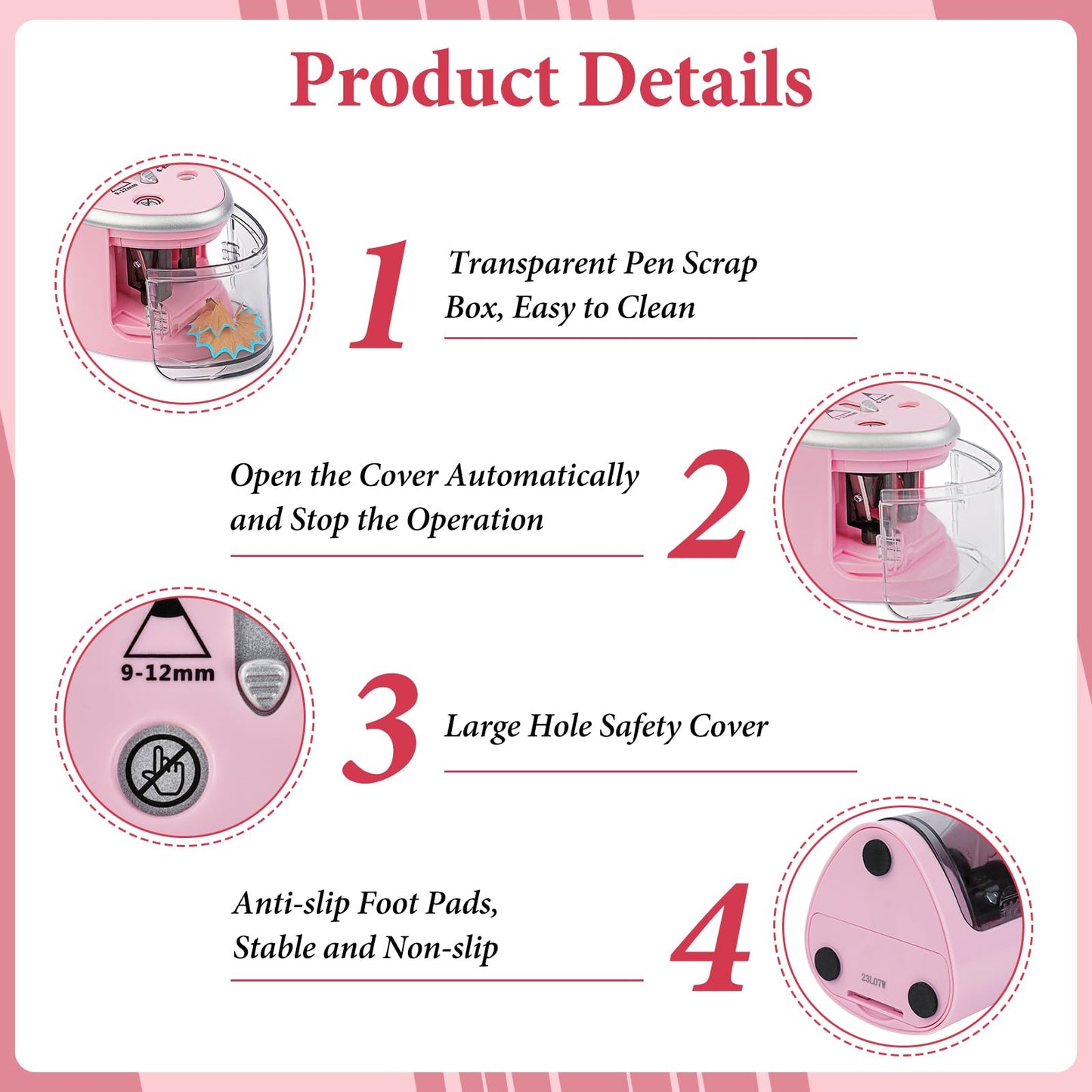 AUAUY Electric Pencil Sharpener with Double Hole, Battery Operated Automatic Sharpener with 2 Extra Knife Holders, for 6-8mm/9-12mm Standard Pencils, Colored Pencils, and Skectch Pencils（Pink）