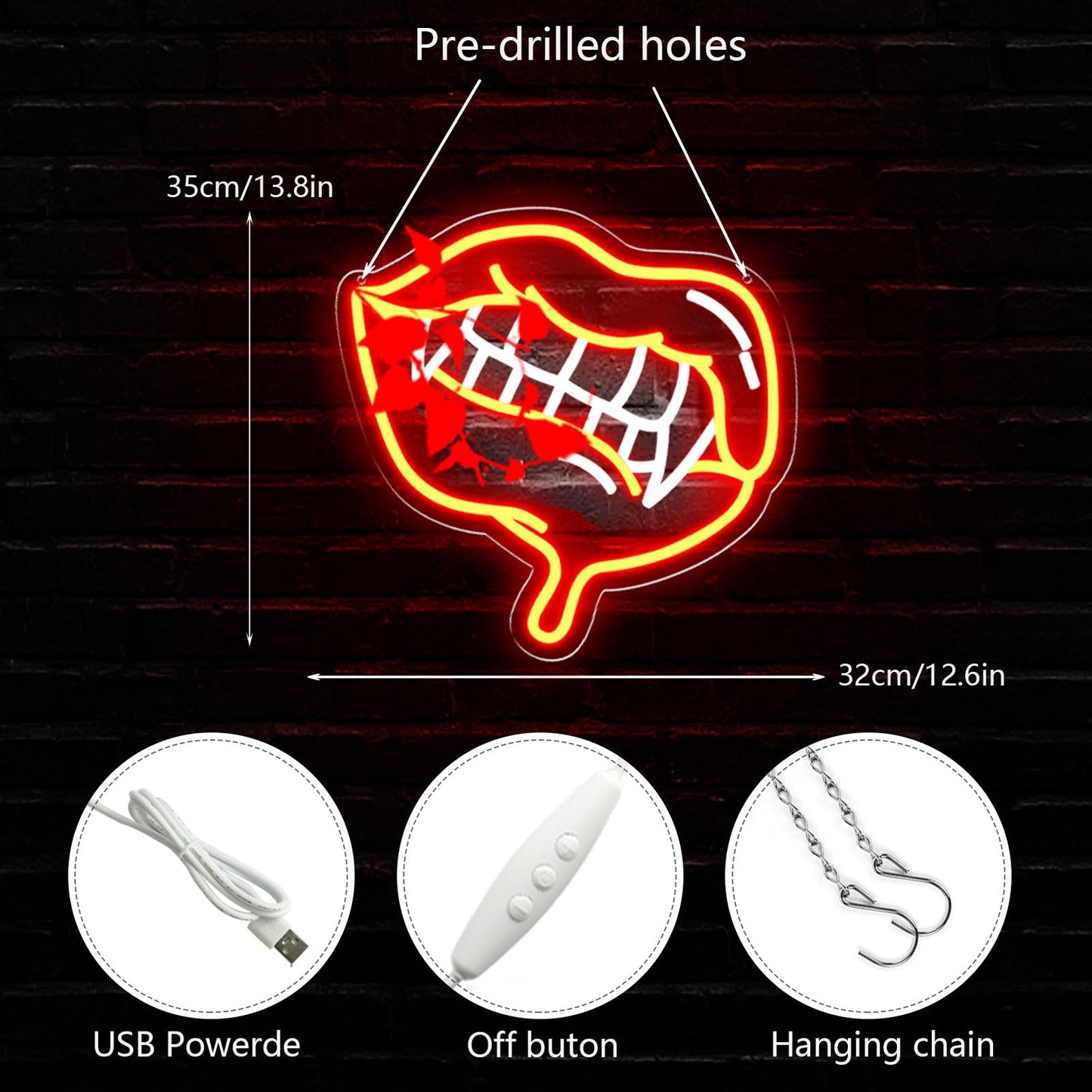 AHlove Fangs Neon Sign for Wall Decor，LED Neon Lights for Game Room、Man Cave，Birthday、Christmas Gifts for Teen Boys and Girls