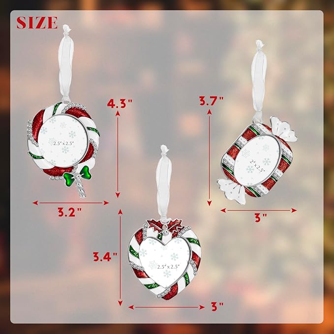 2024 Christmas Tree Ornaments 3 Piece Picture Frame Hanging Ornament Decorative Holiday Keepsake Gift Pendant with 2.5” Photo Insert for Picture of Pets,Family (Lollipop, Heart, Candy)