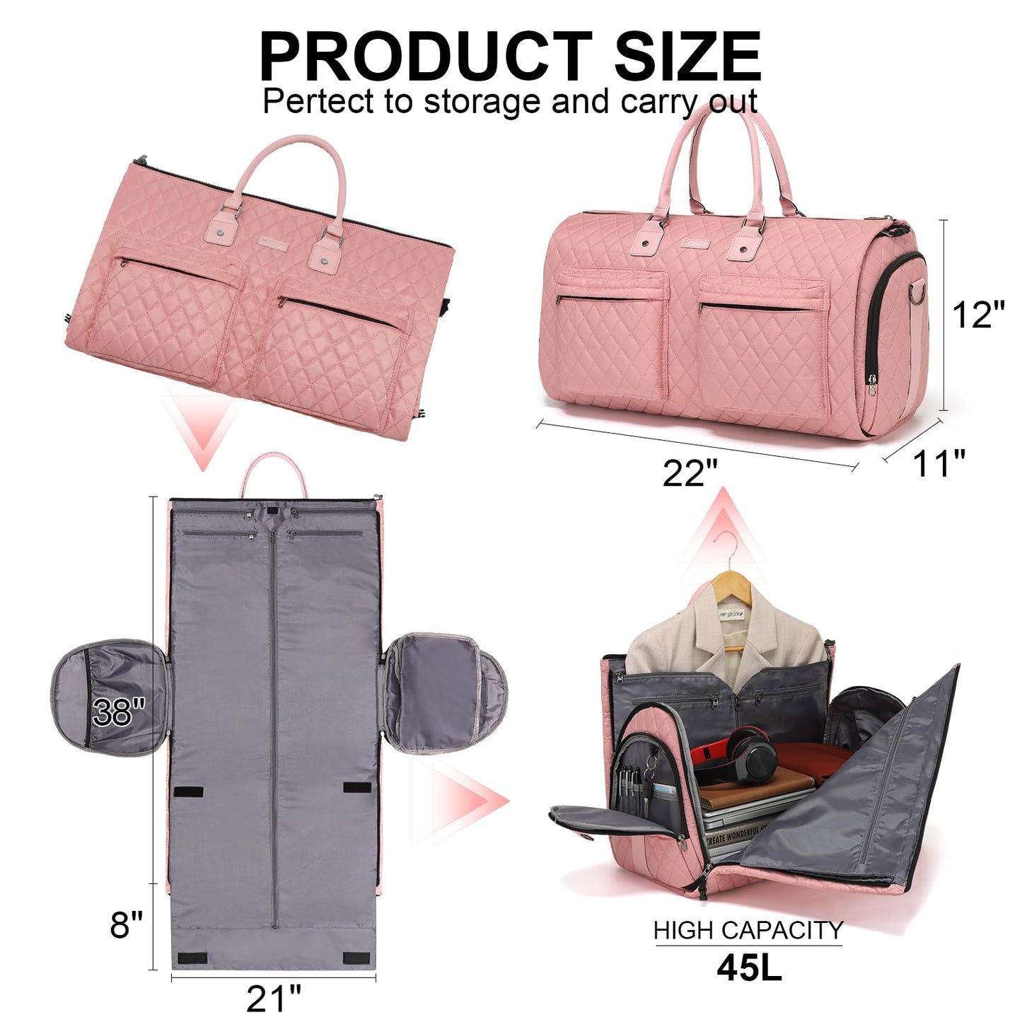 Modoker Rolling Garment Bag for Travel,Womens Convertible Garment Bags with Wheels, Luggage Suit Travel Bags,3 in 1 Carry On Wheeled Duffel Bag,Pink