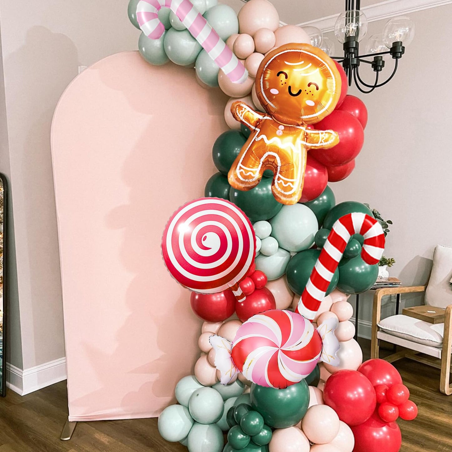 Christmas Balloon Garland Arch Kit, 115 PCS Xmas Balloon Decorations with Pink Red Green Latex Balloons Gingerbread Man Foil Balloons Candy Cane House Helium for Kids Christmas New Year Party Supplies