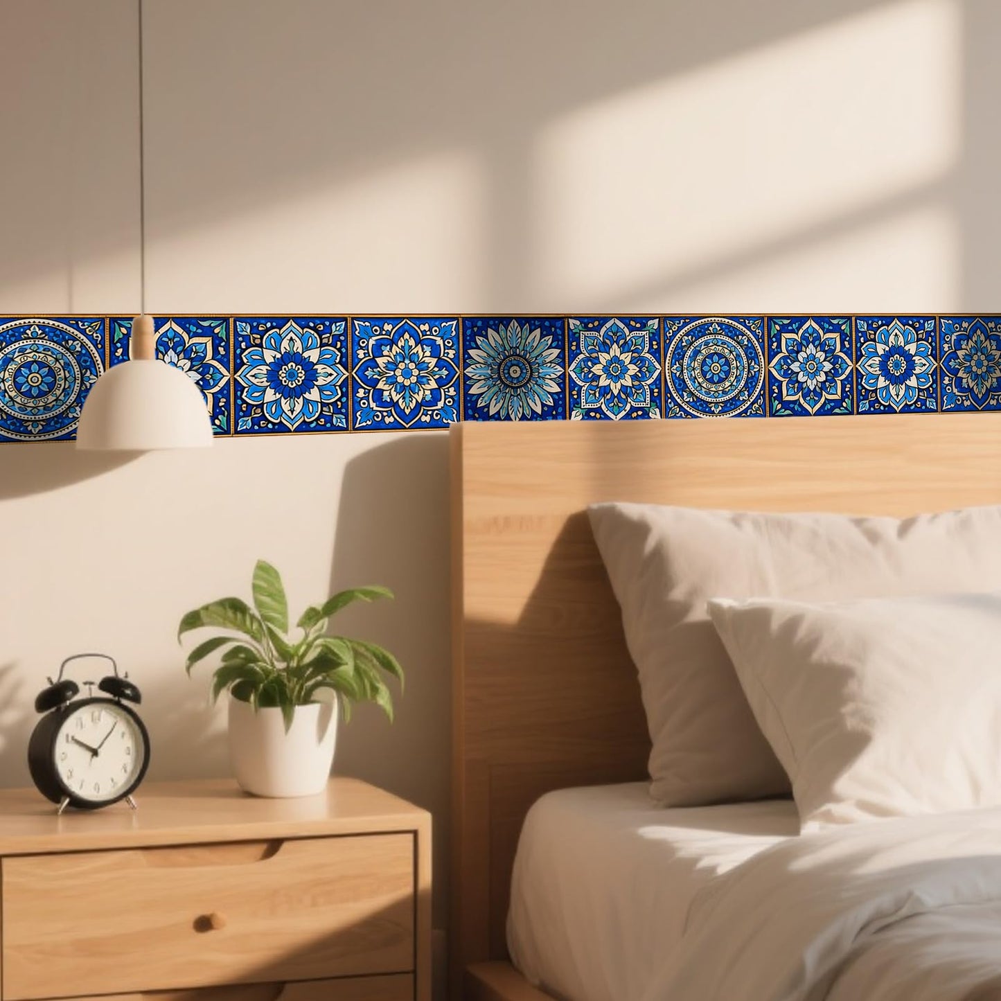Nuxovilar Wallpaper Border Peel and Stick 3.94x16.4Ft PVC Removable Self-Adhesive Bathroom Kitchen Living Room (Blue White Moroccan Tile Pattern)