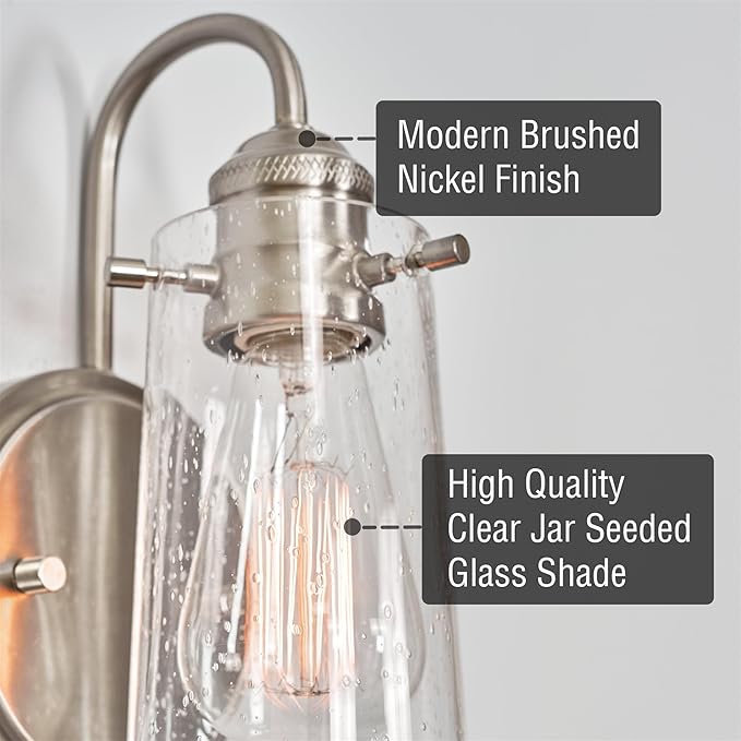 Kira Home Rayne 10" Modern Farmhouse Wall Sconce, Gooseneck Bathroom Light, Seeded Glass Shade + Brushed Nickel Finish