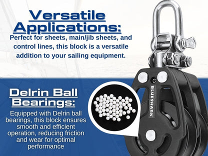 Blue Shark 2254-38 mm Fixed Double Aluminum Sailing Block - Max Line: 3/8” (10 mm), Safe Working Load (SWL): 1600 lbs, Breaking Load: 2850 lbs (1-Pack)
