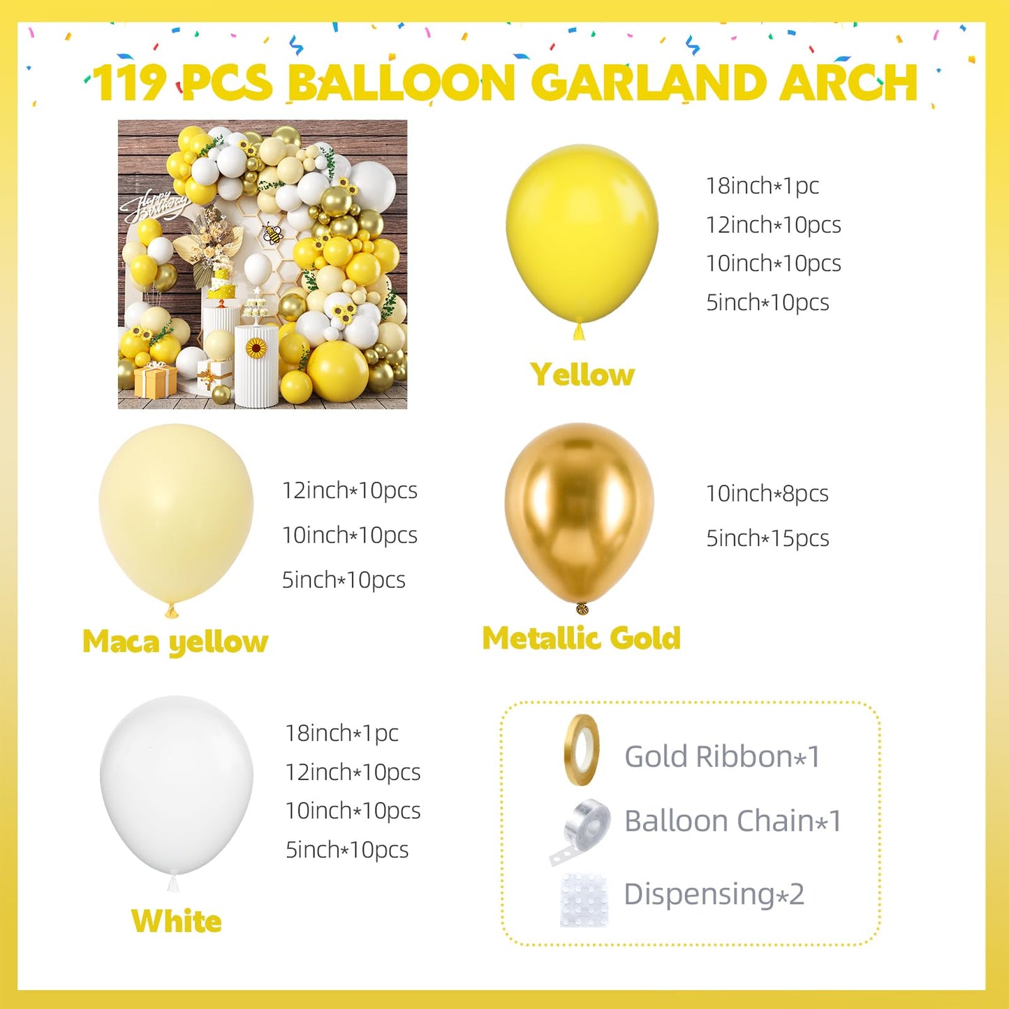 Biapian Yellow Balloon Garland Arch, 115 PCS Yellow White Balloon Arch Kit with Gold White Latex Balloon for Lemon Boho Sunshine Daisy Honeybee Theme Birthday Baby Shower Party Decoration