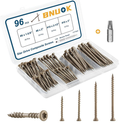 BNUOK Deck Screws Assortment Kit 96 PCS, Exterior Wood Screws Flat Head Torx Drive Rust Resistant Epoxy Coated Reverse Upper Thread Trim Screw, #8 1-5/8" 2" #10 2-1/2" 3", Tan