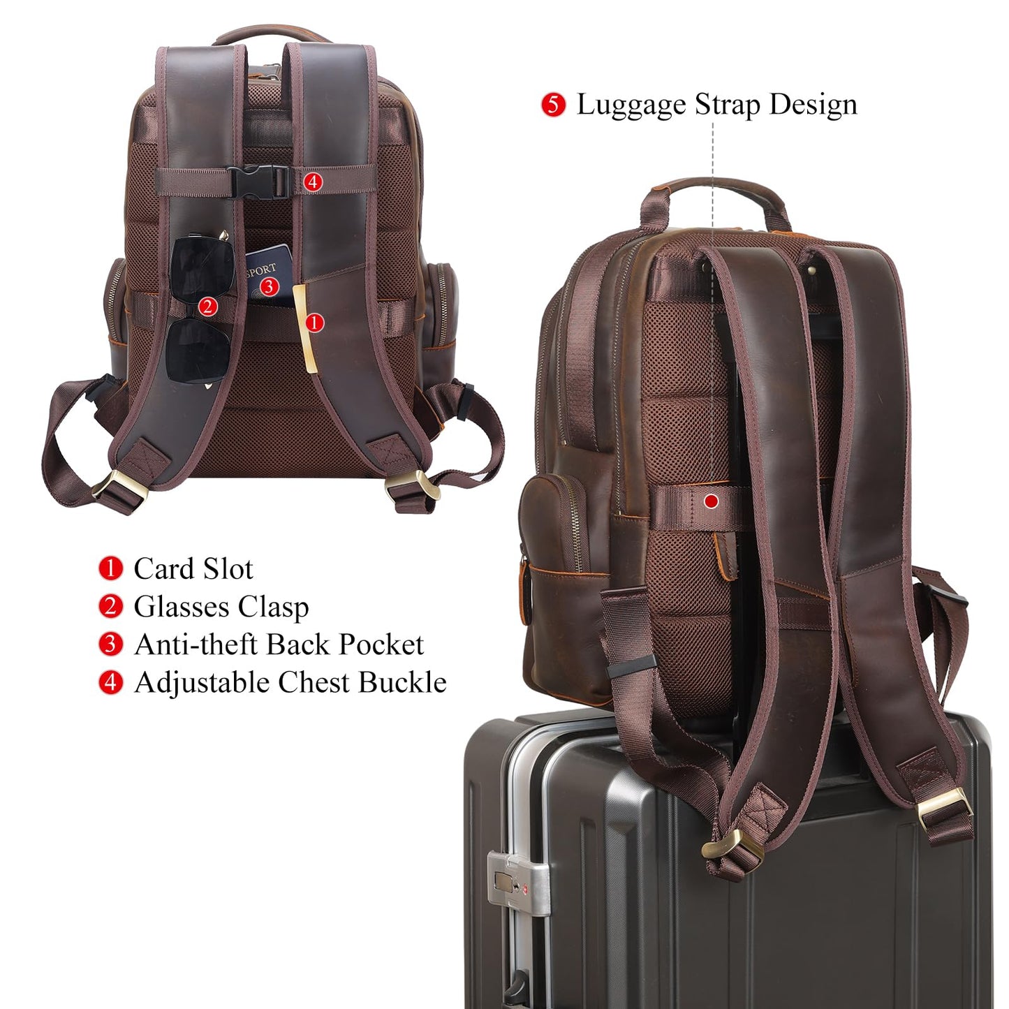 TIDING Vintage Full Grain Leather 15.6 Inch Laptop Backpack for Men Large Capacity Travel Rucksack Weekender Camping Daypacks