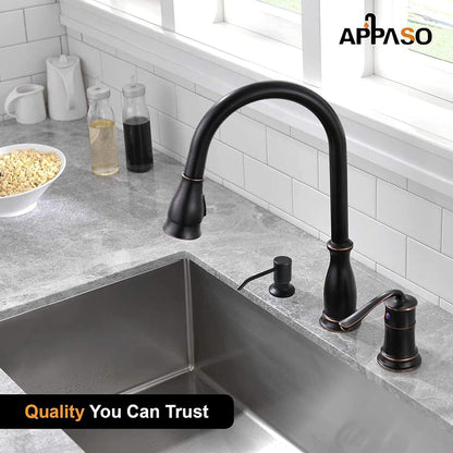 APPASO 3 Hole Kitchen Faucet with Pull Down Sprayer, Kitchen Faucets with Soap Dispenser, 3 Pieces Kitchen Sink Faucet with Separate Handle, Matte Black Kitchen Faucet 3 Hole, 218MB