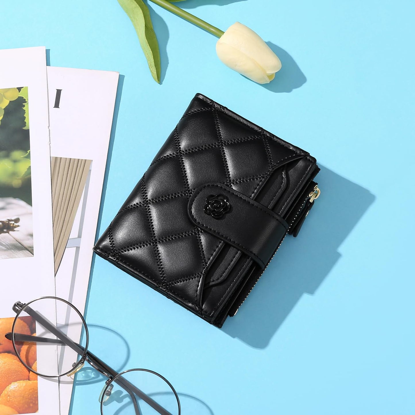 RNIEGA Small Wallets for Women Leather Bifold Wallet Women RFID Blocking Purse Credit Card Holder with 15 Card Slots and ID Window Coin Pocket