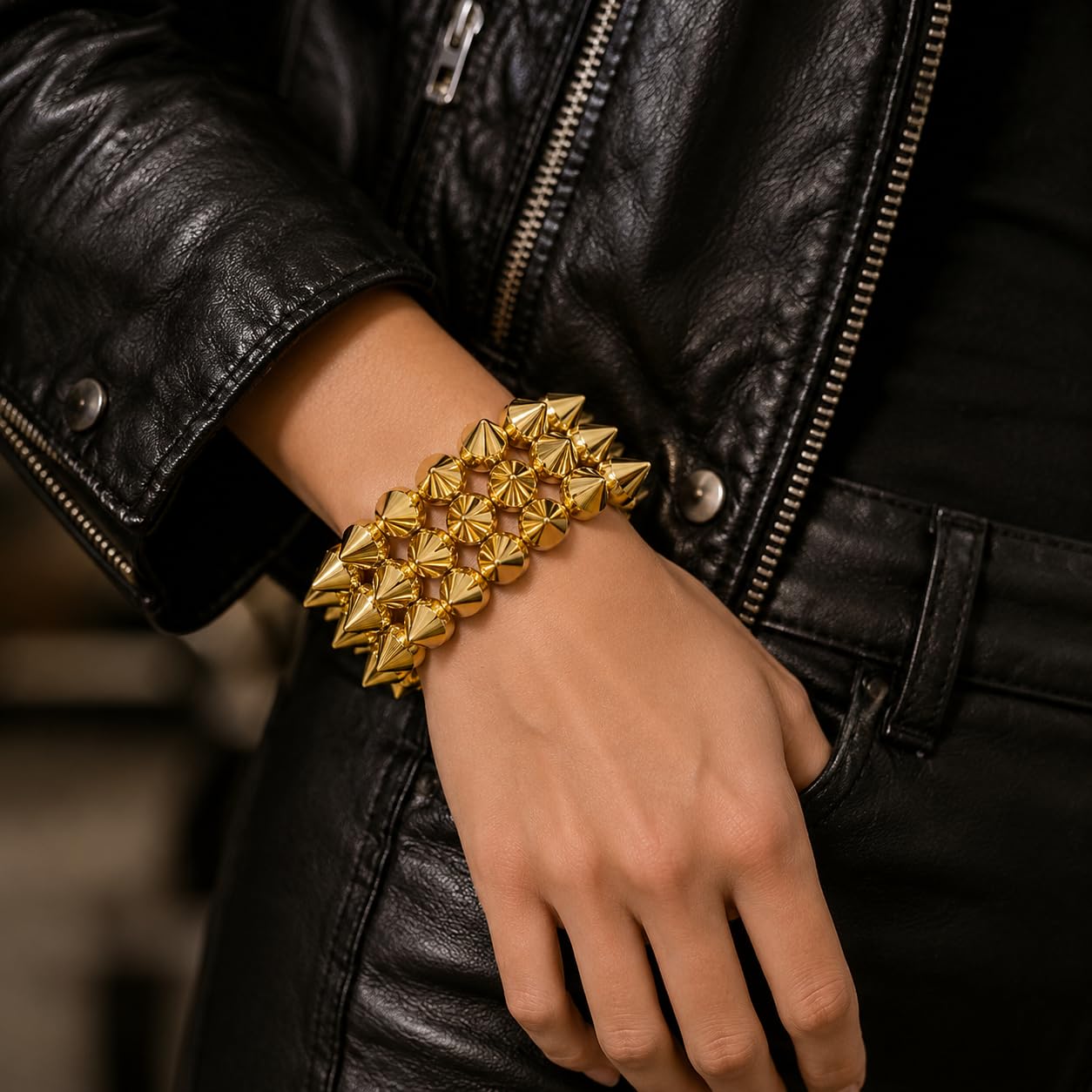 Embtrem Gold Studded Spike Bracelet for Women, Punk Bracelets Wide Stretch Cuff, Gothic Studded Bracelet, Y2K Statement Street Style Jewelry for Festival Party Outfit